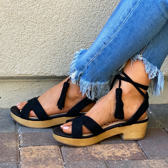 Genuine Leather Ankle Tassel Wrap Wooden Platform - Picture 4 of 9